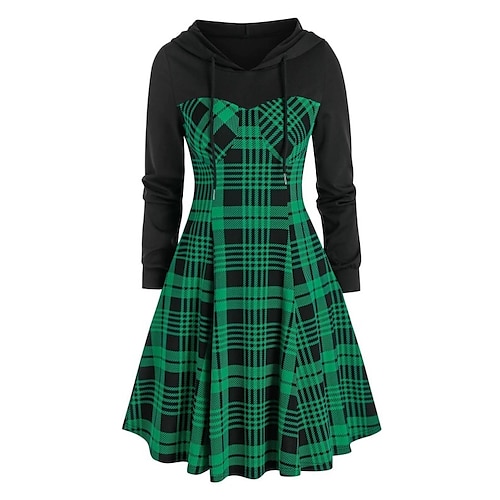 

Women's Tartan Dress Casual Dress Plaid Dress Mini Dress Green Blue Red Long Sleeve Plaid Print Winter Fall Hooded Stylish Casual Modern 2023 S M L XL 2XL