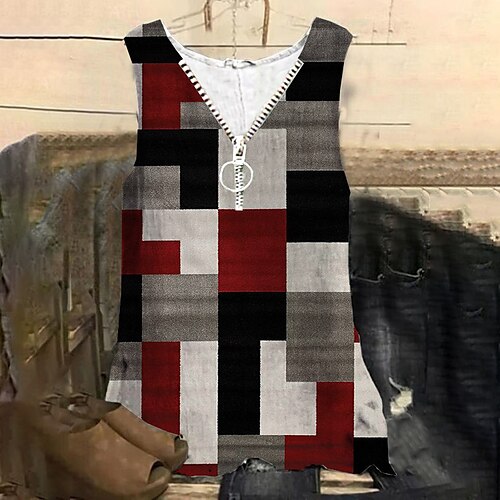 

Women's Plus Size Tops Tank Top Color Block Zipper Print Sleeveless V Neck Streetwear Daily Holiday Cotton Spandex Jersey Spring Summer Gray