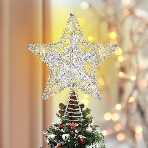 

2pcs Christmas Star Tree Topper Christmas Decorations Warm White Lights Lighted Treetop Christmas Tree Decorations Gold Silver