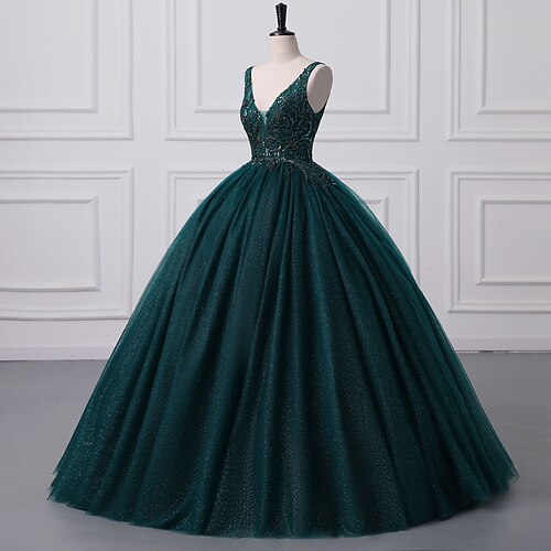 

Ball Gown Prom Dresses Sparkle & Shine Dress Quinceanera Floor Length Sleeveless V Neck Tulle with Sequin Appliques 2022