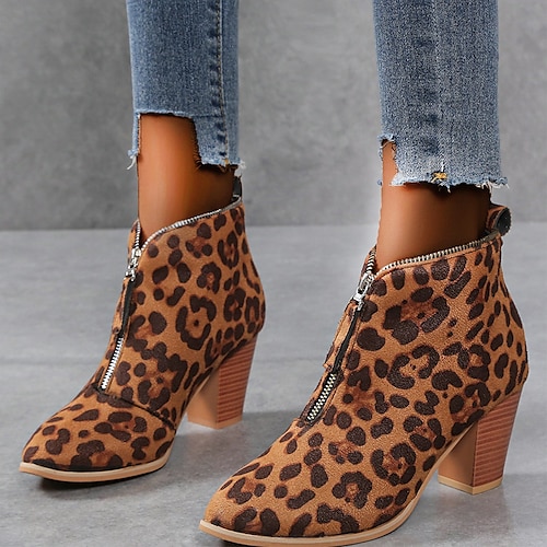 

Mulheres Botas Tamanhos Grandes Botas Botas Tornozelo Inverno Salto Robusto Dedo Apontado Camurça zíper Leopardo Preto Rosa Claro