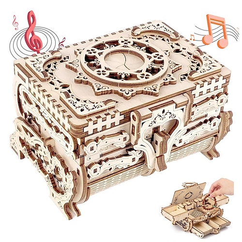 

3D Wooden Puzzle Antique Jewel Box Music Box Kit DIY Home Decoration Laser-Cut Mechanical Model Mother's Day Stunning Gifts for Adults and Teens (Antique Case)