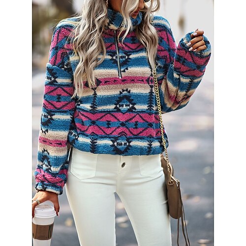 

Women's Sweatshirt Active Sherpa Fleece Teddy Zipper Blue Yellow Brown Geometric Plaid Casual V Neck Long Sleeve S M L XL / Winter