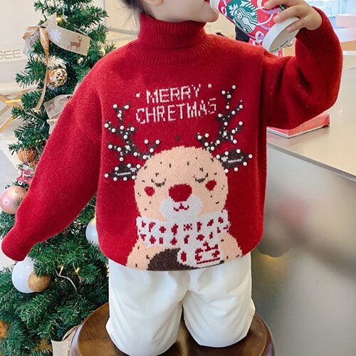 

Toddler Girls' Ugly Christmas Sweater Long Sleeve Letter Elk Red Beige Children Tops Winter Fall Active Cool Christmas Gifts Regular Fit 3-7 Years