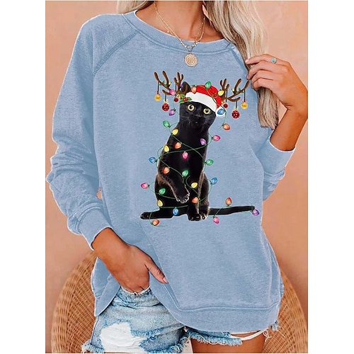 

Women's Sweatshirt Pullover Streetwear Christmas Green Blue Dark Blue Cat Christmas Round Neck Long Sleeve S M L XL 2XL 3XL