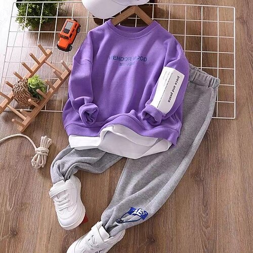 

2 pezzi Bambino Da ragazzo Felpa e pantaloni Completo Vestito Alfabetico Manica lunga Cotone Impostare Esterno Di tendenza Informale Inverno Autunno 7-13 anni Viola Grigio