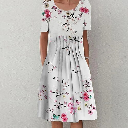 

Women's Casual Dress Shift Dress White Short Sleeve Floral Ruched Spring Summer Crew Neck Slim 2022 S M L XL XXL 3XL