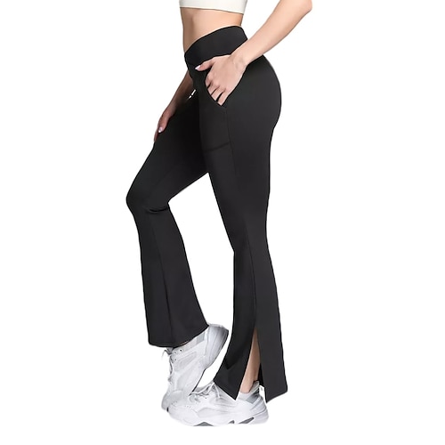 

Women's Flares with Pocket Pants Split Tummy Control Butt Lift High Waist Linear Yoga Fitness Gym Workout Tights Bottoms Black Spandex Winter Sports Activewear High Elasticity Skinny Athletic