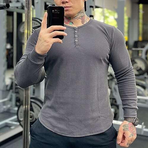 

Men's Henley Shirt Tee Solid Colored Henley Black Light Grey Dark Grey White Street Casual Long Sleeve Button-Down Clothing Apparel Cotton Sports Fashion Simple Classic