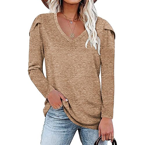 

Women's T shirt Tee Solid Color Basic V Neck Standard Winter Wine Red kahki Pink Gray Black