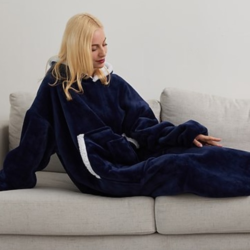 

Women's Pajamas Winter Nightgown Hoddie Blanket Nightshirt Pure Color Comfort Oversized Plush Home Daily Bed Flannel Warm Hoodie Long Sleeve Pocket Winter Fall Dark Gray Navy Blue / Pjs