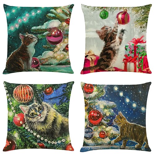 

Christmas Party Double Side Cushion Cover 4PC Naughty Cat Soft Decorative Square Throw Pillow Cover Cushion Case Pillowcase for Bedroom Livingroom Superior Quality Machine Washable Indoor Cushion for Sofa Couch Bed Chair