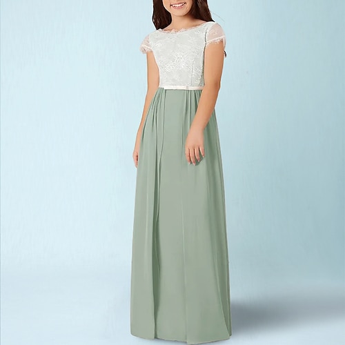 

A-Line Floor Length Crew Neck Chiffon Junior Bridesmaid Dresses&Gowns With Sash / Ribbon Wedding Party Dresses 4-16 Year