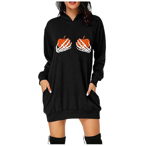 

Women's Hoodie Dress Winter Dress Black Yellow Orange Red Long Sleeve Letter Pocket Print Winter Fall Hooded Stylish Casual Fall Dress Loose Fit 2022 2XS XS S M L XL 2XL 3XL 4XL 5XL / Halloween