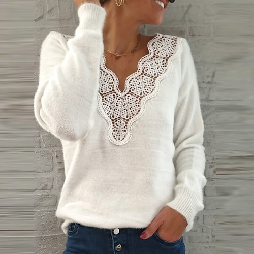 

Women's Pullover Sweater jumper Jumper Ribbed Knit Knitted Lace Trims Pure Color V Neck Stylish Casual Outdoor Daily Winter Fall White Black S M L / Long Sleeve / Holiday / Regular Fit / Going out