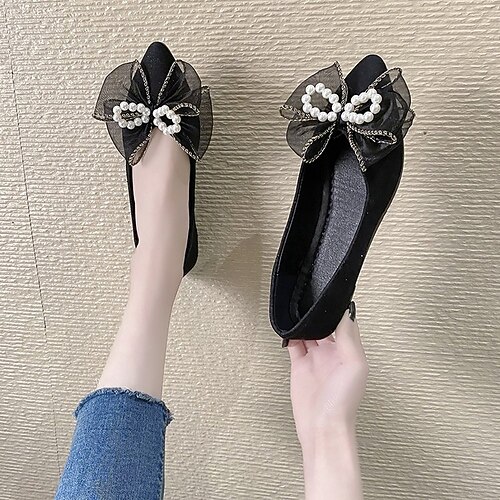 

Women's Flats Daily Comfort Shoes Bowknot Imitation Pearl Flat Heel Pointed Toe Casual Sweet Synthetics Loafer Solid Colored Black Beige