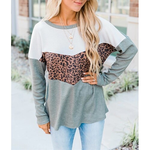 

Women's T shirt Tee Green Black Purple Leopard Print Long Sleeve Daily Weekend Basic Round Neck Regular Painting S
