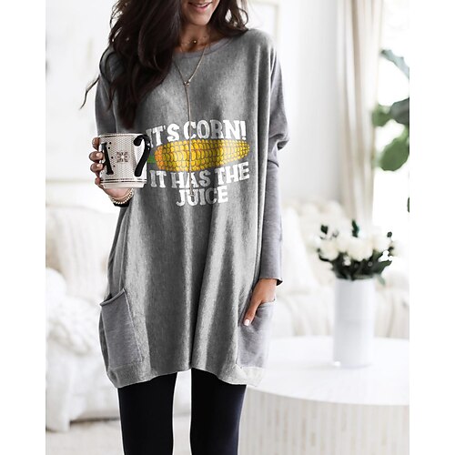 

Women's T shirt Tee Green Blue Khaki Graphic Text Pocket Print Long Sleeve Daily Weekend Basic Round Neck Long Painting S