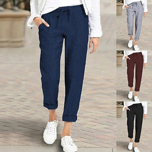 

Women's Pants Trousers Capri shorts Linen / Cotton Blend Blue Wine Khaki Mid Waist Basic Casual Daily Ankle-Length Breathable Solid Colored S M L XL XXL / Loose Fit