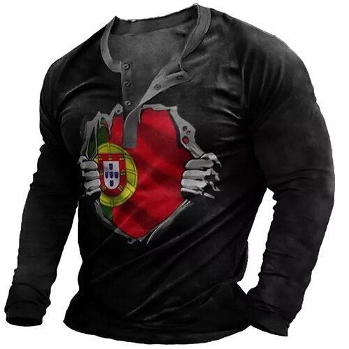 

Men's T shirt Tee Henley Shirt Tee Graphic Color Block Henley Black 3D Print World Cup Outdoor Daily Long Sleeve Patchwork Button-Down Clothing Apparel Basic Designer Casual Classic / Sports