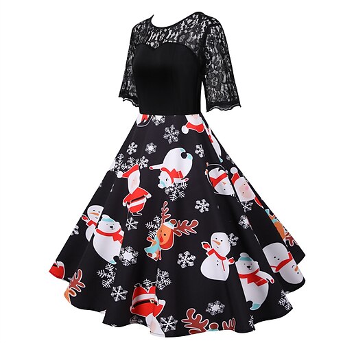 

Women's Christmas Casual Dress Swing Dress Midi Dress Black Short Sleeve Santa Claus Snowman Snowflake Lace Winter Fall Crew Neck Vintage Elegant Casual 2022 S M L XL 2XL 3XL / Black Dress