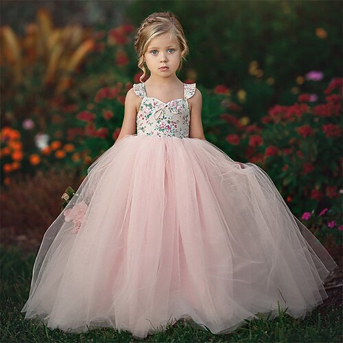 

Wedding Party Birthday Princess Flower Girl Dresses Spaghetti Strap Floor Length Cotton with Flower Open Back Tutu Cute Girls' Party Dress Fit 3-16 Years