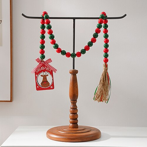 

1PC Christmas Wood Bead Wreath Wall Hanging Decoration Hemp Rope Tassel Wood Bead String Tray Accessories
