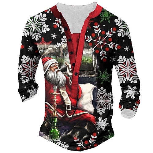 

Men's T shirt Tee Henley Shirt Tee Graphic Santa Claus Henley Red 3D Print Outdoor Christmas Long Sleeve Button-Down Print Clothing Apparel Basic Designer Classic Comfortable / Sports