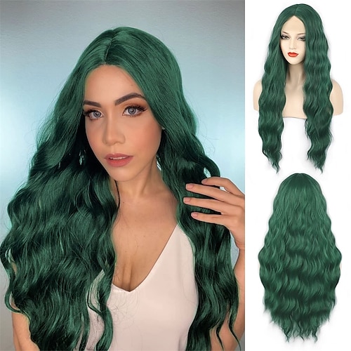 

Green Wigs For Women Long Wavy Synthetic Green Wig Halloween Dark Green Wig Cosplay Emerald Green Wig Daily Party Use Heat-Resistant Fiber Wig ChristmasPartyWigs