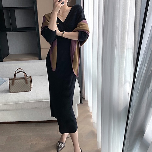 

Women's Sweater Dress Casual Dress Knit Dress Midi Dress Taro purple Matcha green Black Long Sleeve Pure Color Patchwork Winter Fall Autumn V Neck Winter Dress Weekend Fall Dress 2022 S M L XL