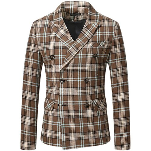 

Men's Fashion Casual Blazer Regular Tailored Fit Checkered Double Breasted Six-buttons Coffee 2022 / Winter