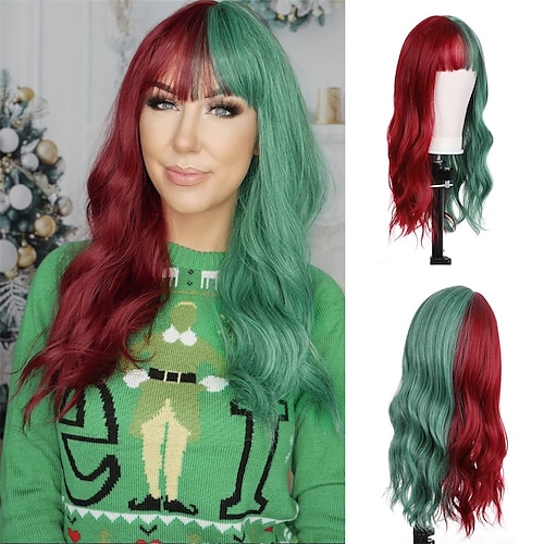 

Long Wavy Wigs with Bangs Red Wig Green Wigs for Women Heat Resistant Fiber Curly Red Green Hair for Christmas Halloween Cosplay Party Use 22 Inche