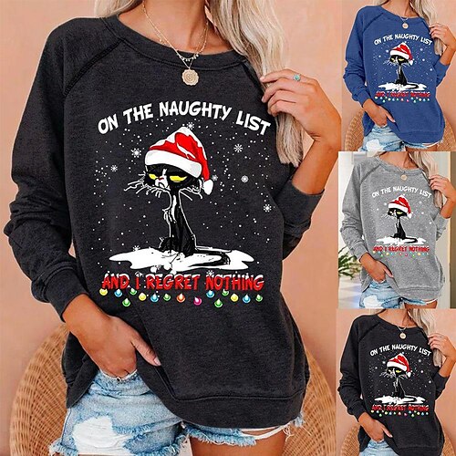

Women's Hoodie Print Christmas Animals Regular Winter Blue Grey Black
