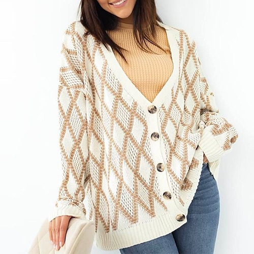 

Women's Cardigan Sweater Jumper Ribbed Knit Button Knitted Plaid V Neck Stylish Casual Outdoor Daily Winter Fall Beige Black One-Size / Long Sleeve / Holiday / Regular Fit / Going out