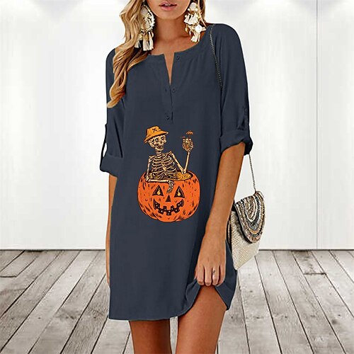 

Women's Casual Dress Linen Dress Shift Dress Mini Dress Black Navy Blue Grey 3/4 Length Sleeve Skull Print Winter Fall Autumn Crew Neck Loose Fit 2022 S M L XL 2XL