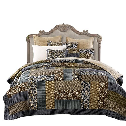 

100% Cotton Quilt Set 3 Piece, Patchwork Printing Reversible Quilt Set with Shams, Breathable, Lightweight and Soft Bedspread Coverlet for All Season,Washed Queen Size King Size Bedding Quilts Set