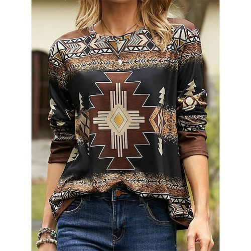 

Women's T shirt Tee Brown Geometric Print Long Sleeve Casual Daily Basic Ethnic Round Neck Regular Geometric Painting S