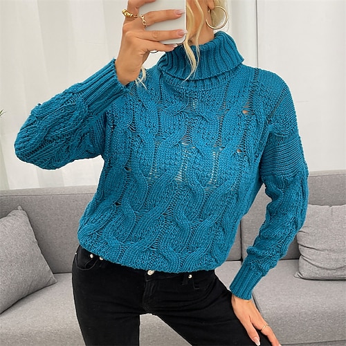 

Women's Pullover Sweater jumper Jumper Cable Knit Knitted Pure Color Turtleneck Stylish Casual Outdoor Holiday Winter Fall Blue S M L / Long Sleeve / Regular Fit / Going out