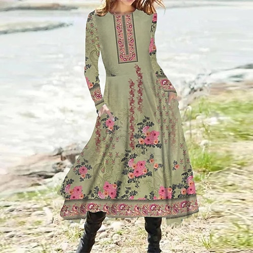 

Women's Casual Dress Swing Dress Midi Dress Green Long Sleeve Floral Pocket Print Winter Fall Vacation Casual Fall Dress 2022 S M L XL XXL 3XL / Winter Dress