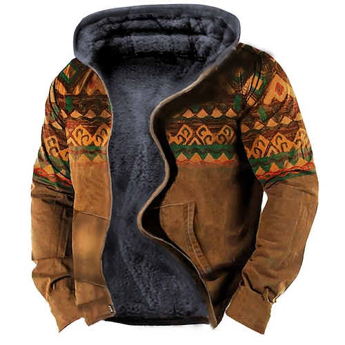 

Men's Fleece Jacket Full Zip Hoodie Fleece Hoodie Sherpa Jacket Brown Hooded Tribal Graphic Prints Zipper Print Sports & Outdoor Daily Sports 3D Print Fleece Streetwear Designer Casual Winter