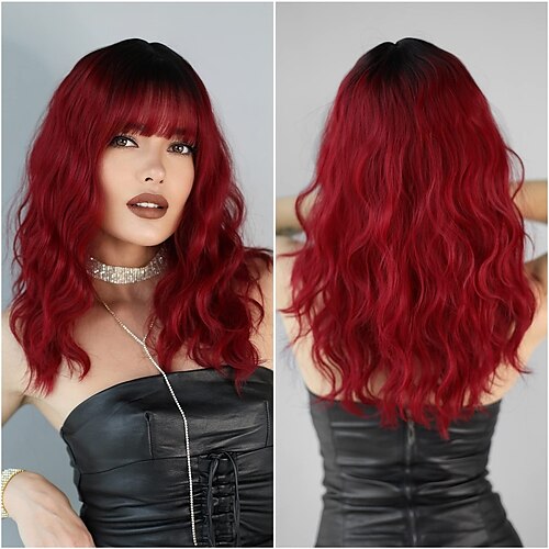 

Dark Red Wigs for Women Wavy Wig with Bangs Colorful Synthetic Wigs ChristmasPartyWigs