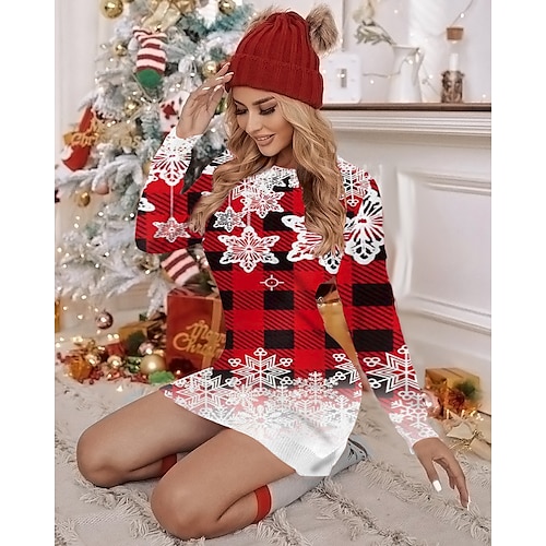 

Vestido ajustado con estampado navideño para mujer, minivestido verde vino, rojo claro, verde oscuro, rojo, manga larga, árbol de alce, estampado de copos de nieve, invierno, otoño, cuello redondo,