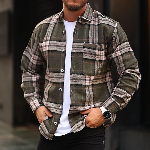 

Men's Flannel Shirt Shirt Jacket Shacket Overshirt Graphic Plaid Turndown Green Army Green White Street Daily Long Sleeve Button-Down Clothing Apparel Fashion Casual Comfortable