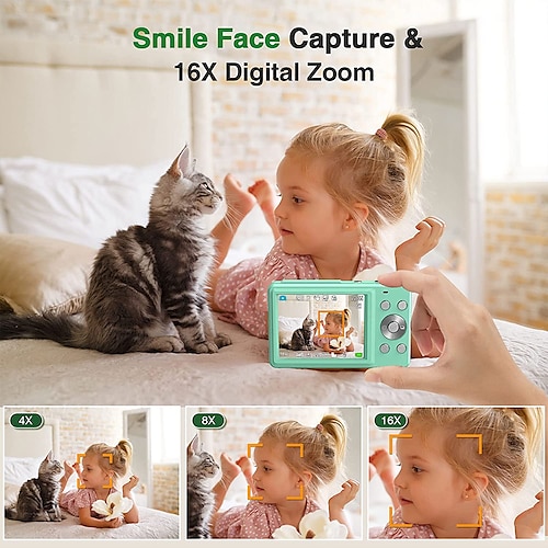 Fotocamera Digitale Compatta 1080P 44MP – 2,5" LCD, Zoom Digitale 16x, Ricaricabile, Funzione Webcam, Vlogging, Per Bambini E Adulti, Verde