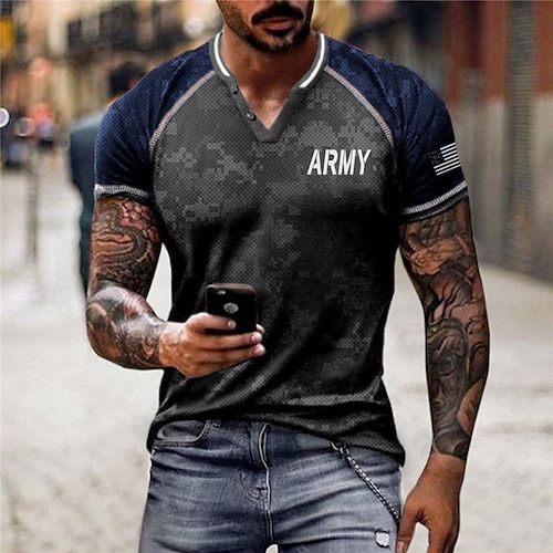 

Men's T shirt Tee Color Block Camouflage Graphic Prints V Neck Gray 3D Print Outdoor Street Short Sleeve Patchwork Button-Down Clothing Apparel Sports Designer Casual / Summer