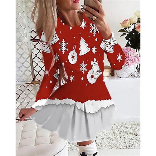 

Women's Christmas Swing Dress Short Mini Dress Wine Light Red Dark Blue Red Light Blue Long Sleeve Plaid Letter Snowman Print Fall Winter Crew Neck Stylish Romantic 2022 S M L XL 2XL