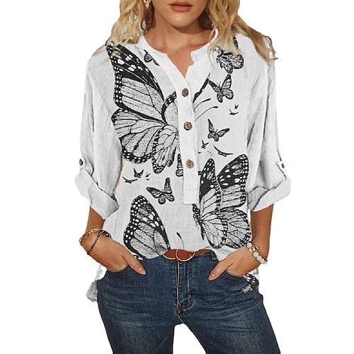 

9290# europe and the united states cross-border amazon wish foreign trade women's loose fashion butterfly printing door tube long-sleeved shirt
