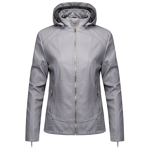 

Women's Faux Leather Jacket Waterproof Windproof Outdoor Street Daily Vacation Zipper Pocket Zipper Hoodie Chic & Modern Modern Solid Color Regular Fit Outerwear Long Sleeve Winter Fall Gray M L XL