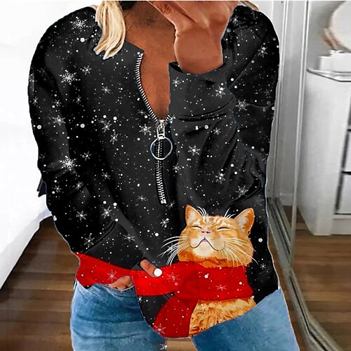 

Women's Plus Size Christmas Tops Pullover Sweatshirt Animal Cat Zipper Print Long Sleeve Round Neck Casual Daily Polyester Winter Fall Black