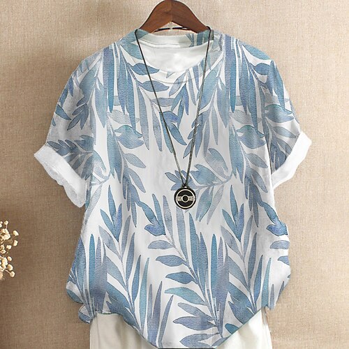 

Women's Plus Size Tops T shirt Tee Leaf Print Short Sleeve Crewneck Streetwear Daily Sports Cotton Spandex Jersey Spring Summer Green Blue